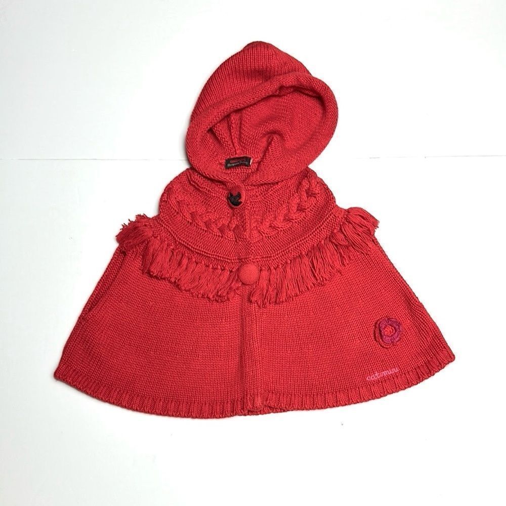 Catimini Red Hooded Cape Poncho Sweater Cable Knit Fringed Cotton Blend size 4
